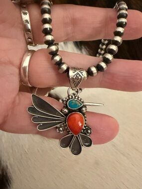 ❤️ Spiny Oyster Kingman Turquoise Hummingbird Navajo Style Sterling 925 Pendant